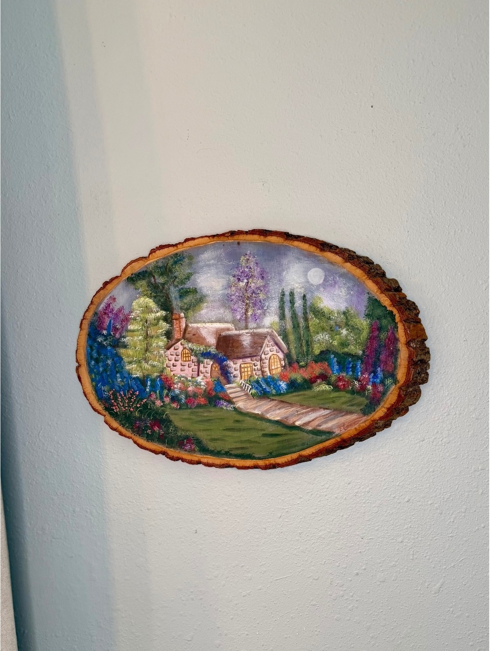 Vintage Hand Painted Wood Slice Cottage Landscape Wall Art Rustic Folk Decor